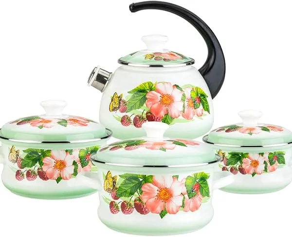 Sunny-C Enamel Cooking Pots and Tea Pot Set, 1.6, 2.1 and 3 liters pots, 2 Liters Tea Pot, Kitchen Cookware Set, Home Cooking Appliance, Set of 4