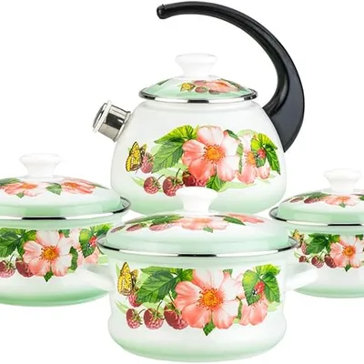 Sunny-C Enamel Cooking Pots and Tea Pot Set, 1.6, 2.1 and 3 liters pots, 2 Liters Tea Pot, Kitchen Cookware Set, Home Cooking Appliance, Set of 4
