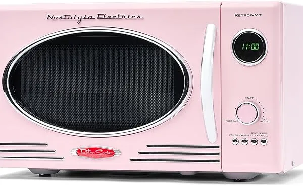 Nostalgia Retro Countertop Microwave Oven - Large 800-Watt - 0.9 cu ft - 12 Pre-Programmed Cooking Settings - Digital Clock - Kitchen Appliances - Pink