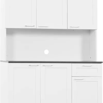 HOMCOM Kitchen Pantry Storage Cabinet, Kitchen Buffet Hutch with Microwave Oven Countertop, Drawer, Adjustable Shelves, Cable Management, High Gloss White