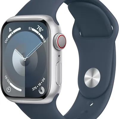 Apple Watch Series 9 [GPS + Cellular 41mm] Silver Aluminum Case with Storm Blue Sport Band, M/L (Renewed)