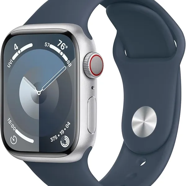 Apple Watch Series 9 [GPS + Cellular 41mm] Silver Aluminum Case with Storm Blue Sport Band, M/L (Renewed)