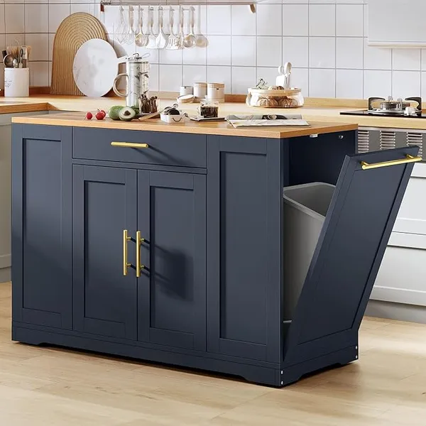 YITAHOME 53 inch Large Rolling Kitchen Island with Trash Can Storage Cabinet, Portable Mobile Islands Table Long Floating Movable w Wheels Cabinet for 13 Gallon Garbage Bin 2 Drawer, Navy Blue
