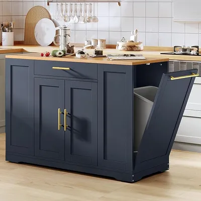 YITAHOME 53 inch Large Rolling Kitchen Island with Trash Can Storage Cabinet, Portable Mobile Islands Table Long Floating Movable w Wheels Cabinet for 13 Gallon Garbage Bin 2 Drawer, Navy Blue