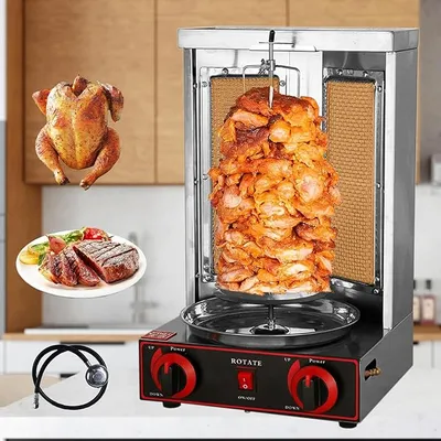 Gas Chicken Shawarma Cooker Machine with 2 Burners, 360° Rotational Even Heating, Gas Vertical Barbecue Grill Doner Kebab Broiler for Restaurant Dinner Home Kitchen