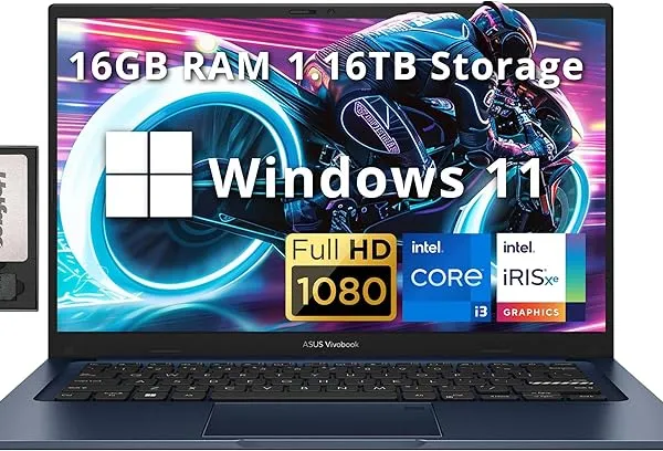 ASUS Vivobook 14" FHD Business Laptop, Intel i3-1215U, 16GB RAM, 1.16TB Storage(1TB SSD+160GB Docking Station Set), Intel Iris Xe Graphics, 720p Camera, WiFi 6E, Win 11 Home, Blue