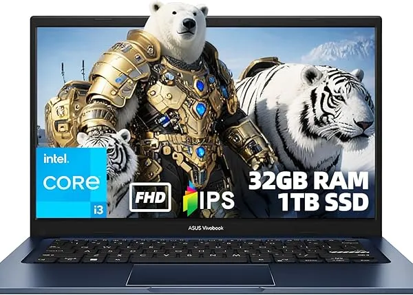 ASUS Vivobook 14" FHD IPS Laptop for Student and Home Office Use, Intel Core i3-1215U, 32GB DDR4 RAM, 1TB SSD, Windows 11 S Mode, Bluetooth 5.2, Lightweight Design, Quiet Typing, Quiet Blue