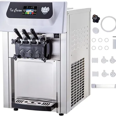 Commercial Soft Ice Cream Machine 3 Flavors with Pre-Cooling, 200w Table Top Commercial with LCD Intelligent Panel for Daily Home