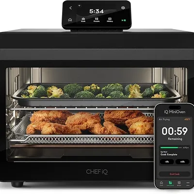 CHEF iQ MiniOven Smart Toaster Oven Air Fryer Combo, 11-in-1 Countertop Convection Oven, Bake, Broil, Air Fry, Broil, Dehydrate, 1750W, 25 Qt Capacity, Fast Cooking with Touchscreen Controls – Black