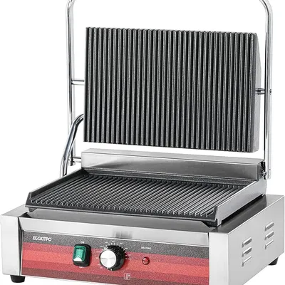 EGGKITPO Commercial Panini Press Grill with Grooved Plates Electric Sandwich Maker with Adjustable Temp Control 110V 1700W 14"×9.5" Ribbed Enamel Plates for Breakfast and Hamburger in Home Kitchen