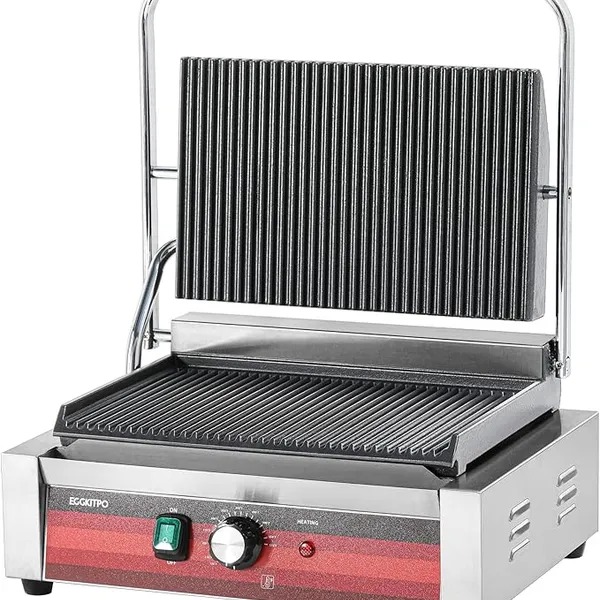 EGGKITPO Commercial Panini Press Grill with Grooved Plates Electric Sandwich Maker with Adjustable Temp Control 110V 1700W 14"×9.5" Ribbed Enamel Plates for Breakfast and Hamburger in Home Kitchen