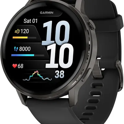 Garmin Venu® 4, 45mm, Advanced Health and Fitness GPS Smartwatch, Bright and Colorful Display, Built-in Flashlight, 12 Days of Battery Life, Slate with Black Silicone Band