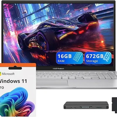 ASUS Vivobook 15.6" FHD IPS Laptop, Intel Core 5-120U, 16GB RAM, 672GB Storage (512GB SSD + 160GB Docking Station Set), Intel Graphics, 720p HD Camera, Numeric Keypad, Wi-Fi 6, Win 11 Pro, Silver