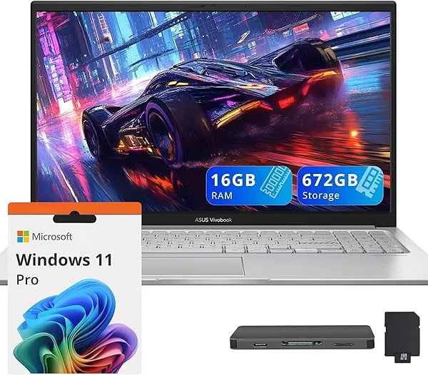 ASUS Vivobook 15.6" FHD IPS Laptop, Intel Core 5-120U, 16GB RAM, 672GB Storage (512GB SSD + 160GB Docking Station Set), Intel Graphics, 720p HD Camera, Numeric Keypad, Wi-Fi 6, Win 11 Pro, Silver
