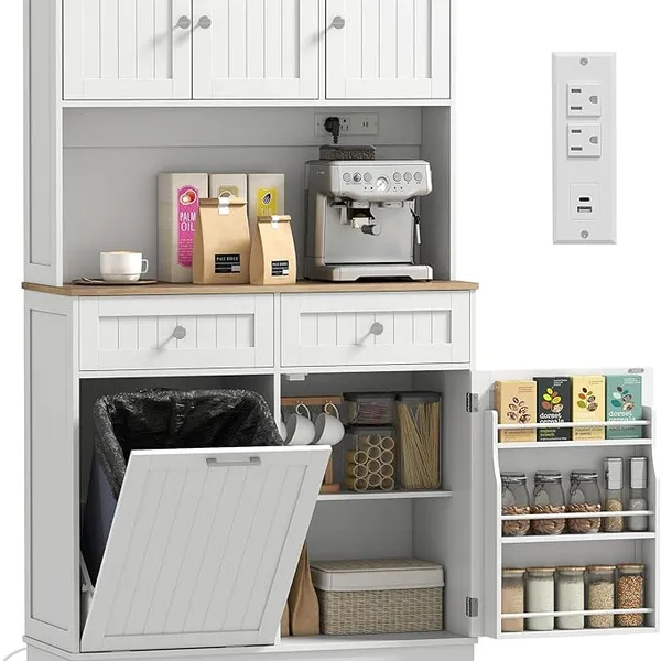 HOMCOM 68" Pantry Cabinet with Charging Station, Kitchen Storage Cabinet with Microwave Stand, 10 Gallon Trash Can Cabinet, Adjustable Shelves, 3 Door Racks for Dining Room, White