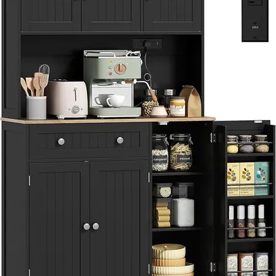 HOMCOM 68" Pantry Cabinet with Charging Station, Kitchen Storage Cabinet with Microwave Stand, Adjustable Shelves, 4 Door Racks, Farmhouse Kitchen Cupboard for Dining Room, Black