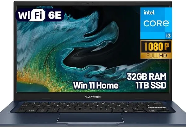 ASUS Vivobook 14" Laptop for Buisiness and Students, Intel Core i3-1315U, 32GB RAM, 1TB SSD, NumberPad, Wi-Fi 6E, Quiet Blue, Windows 11 S Mode