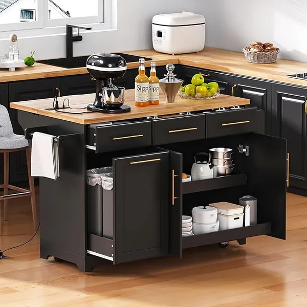 59.3" Rolling Kitchen Island with Drop Leaf & Pull Out Cabinet Organizers,Large Storage Cart with Trash Can Cabinet, Power Outlet, Towel Holder for Dining Room,Classic Rustic (Black, 59.3 inch)