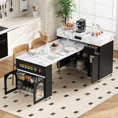 Merax Extendable Dining Table with Extra-Long Folding Top, Rolling Kitchen Island with Drawers, Power Outlet and Brake Lock, Storage Cabinet for Kitchen and Dining Room (Black + Marble White)