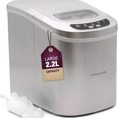 2.2L Andrew James Ice Maker Machine, 12kg of Ice in 24hrs, Portable Countertop Ice Machine for Home, Electric Ice Dispenser with Scoop & Basket, Self-Cleaning, Small or Large Ice Cubes