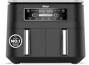 Ninja Foodi Dual Zone Digital Air Fryer, 2 Drawers, 7.6L, 6-in-1, Uses No Oil, Air Fry, Max Crisp, Roast, Bake, Reheat, Dehydrate, Cooks 4-6 Portions, Non-Stick, Dishwasher Safe Baskets, Black AF300UK