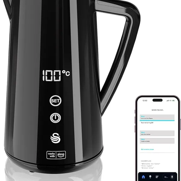 Swan Alexa Smart Kettle, 1.5L Voice-Controlled Kettle with LED Touch Panel, 6 Temperature Settings, Keep Warm Function, Double Wall Insulated, Stainless Steel Interior, Black, SK14650BLKN