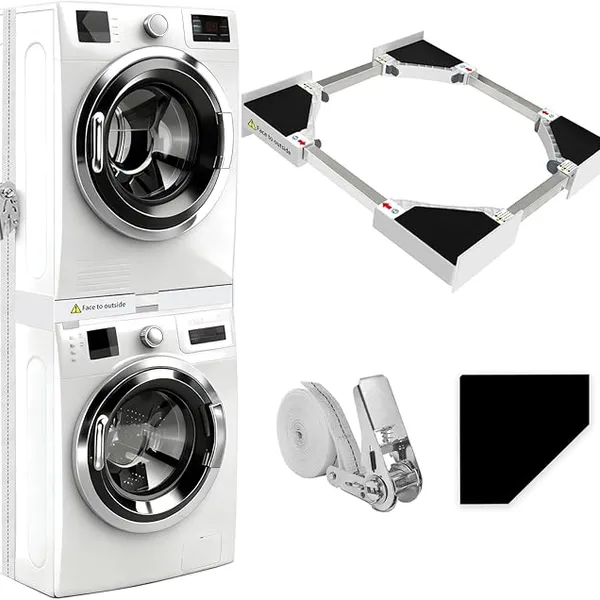 NIUXX Universal Stacking Kit for Washing Machine & Tumble Dryer: Adjustable 46-66 cm Stacking Frame Set for Most Washer Units - No-Drill Appliance Stacker with Ratchet Strap & Anti-Vibration Pads