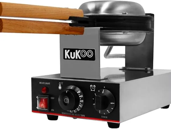 KuKoo Single Waffle Maker Machine Rotating Round Deep Fill Non-Stick Iron Plates Electric 1000W 50-250°C Automatic Temperature 1-5 Minute Timer Commercial Stainless Steel Cool Touch Handle FREE Tongs
