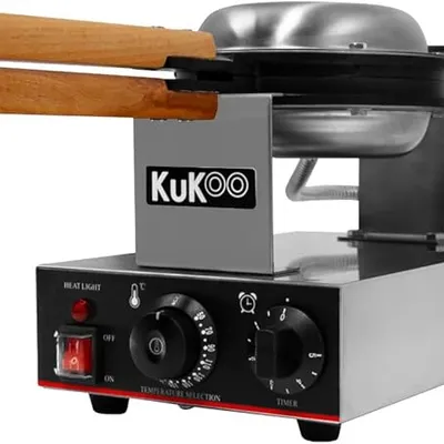 KuKoo Single Waffle Maker Machine Rotating Round Deep Fill Non-Stick Iron Plates Electric 1000W 50-250°C Automatic Temperature 1-5 Minute Timer Commercial Stainless Steel Cool Touch Handle FREE Tongs