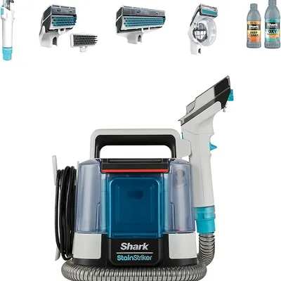 Shark StainStriker Pet Stain and Spot Cleaner, Compact Carpet and Upholstery Cleaner with Powerful Suction, Dual Cleaning Formulas, 4 Tools, Removes Stains, Odours and Dirt, White/Turquoise PX200UKT