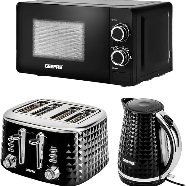 GEEPAS Electric Kettle 4 Slice Bread Toaster & Microwave Kitchen Set | 2200W 1.7L Textured Cordless Kettle | 1750W Toaster with 7 Level Browning Control | 700W Solo Manual Dial Microwave 20L | Black