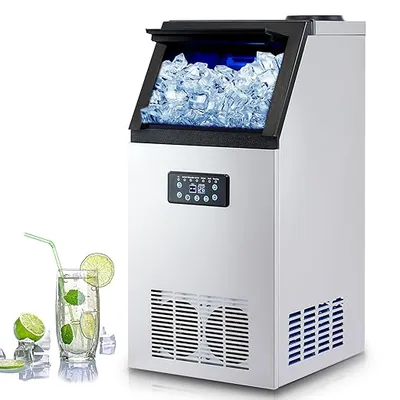 CREWORKS Commercial Ice Machine, Industrial Ice Maker Machine, Freestanding Stainless Steel Ice Cube Machine with 10kg Ice Storage Capacity for Bar Home Supermarkets(72.5kg/24h 45 Ice Cubes)