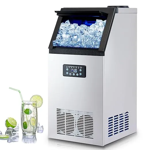 CREWORKS Commercial Ice Machine, Industrial Ice Maker Machine, Freestanding Stainless Steel Ice Cube Machine with 10kg Ice Storage Capacity for Bar Home Supermarkets(72.5kg/24h 45 Ice Cubes)