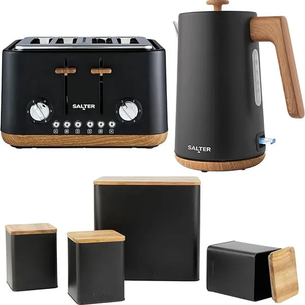 Salter COMBO-9184 Toronto Kettle, Toaster & Canister Set – 1.7L Rapid Electric Water Boiler, 4 Slice Wide Slot Toasting, Bread Bin, Tea/Coffee/Sugar Storage Caddies, Limescale Filter, Black
