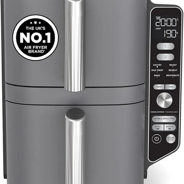 Ninja Double Stack XL Air Fryer, Vertical Dual Drawer AirFryer with 4 cooking levels, 2 Drawers and 2 Racks, Space Saving Design, 9.5L Capacity, 6 Cooking Functions, 8 Portions, Grey, SL400UK