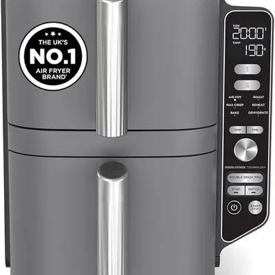 Ninja Double Stack XL Air Fryer, Vertical Dual Drawer AirFryer with 4 cooking levels, 2 Drawers and 2 Racks, Space Saving Design, 9.5L Capacity, 6 Cooking Functions, 8 Portions, Grey, SL400UK