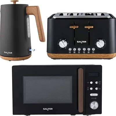Salter COMBO-9195 Toronto Kettle, Toaster, Microwave Set – Kitchen Countertop Appliances, 1.7L Fast Boil Kettle, 4-Slice Wide Slot Toaster, 20 L Digital Microwave, 25.5cm Turntable, Black