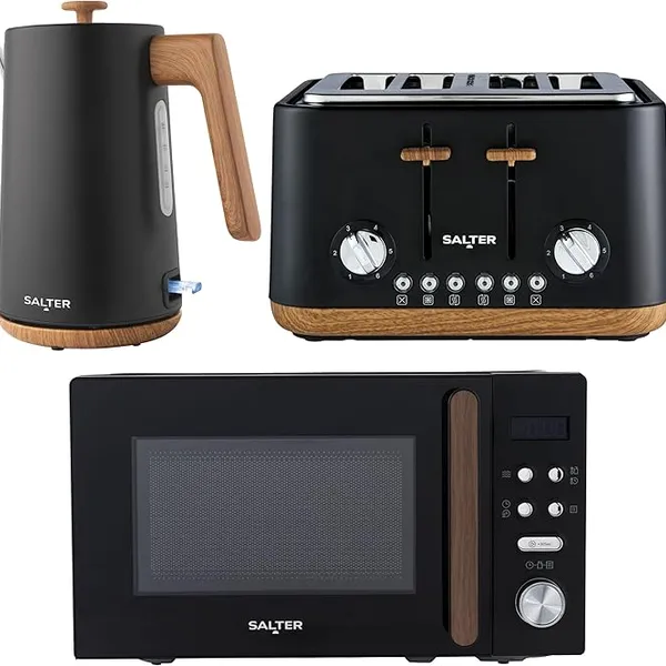 Salter COMBO-9195 Toronto Kettle, Toaster, Microwave Set – Kitchen Countertop Appliances, 1.7L Fast Boil Kettle, 4-Slice Wide Slot Toaster, 20 L Digital Microwave, 25.5cm Turntable, Black