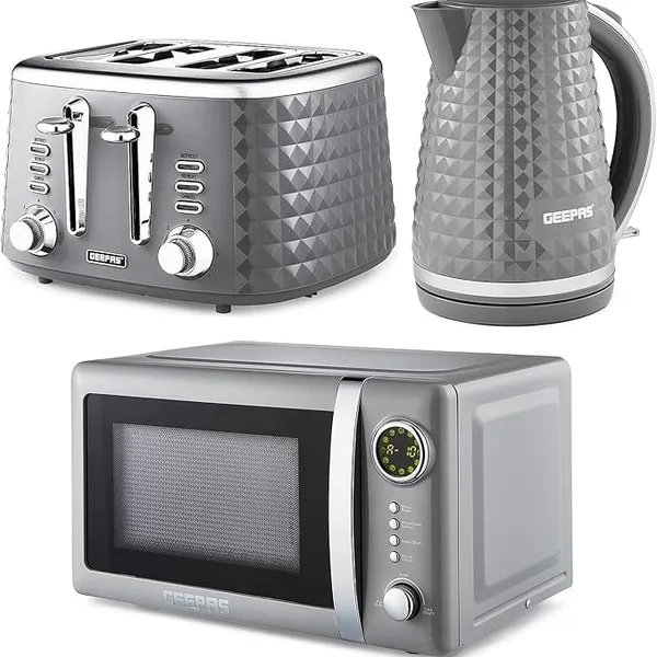 GEEPAS Electric Kettle 4 Slice Bread Toaster & Microwave Kitchen Set | 1.7L Textured Cordless Kettle 2200W | 4 Slice Toaster with 7 Level Browning Control | 700W Digital Microwave 20L, Grey