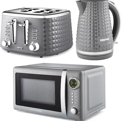 GEEPAS Electric Kettle 4 Slice Bread Toaster & Microwave Kitchen Set | 1.7L Textured Cordless Kettle 2200W | 4 Slice Toaster with 7 Level Browning Control | 700W Digital Microwave 20L, Grey