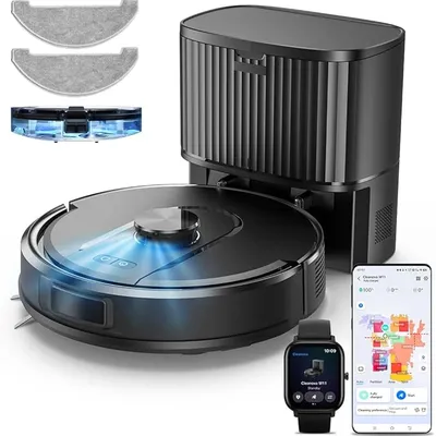 Vexilar Self-Emptying Robot Vacuum Cleaner with Mop, Laser Navigation, Up to 60 Days of Hands-Free Cleaning, 180 Mins Runtime, Strong 10000Pa Suction Robot Vacuum to Clean Floors, Carpets, Pet Hair