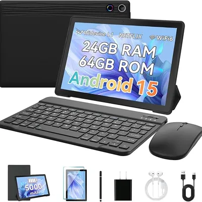 Android 15 Tablet 10.1-Inch, 24GB RAM (4+20), 64GB ROM, WiFi 6, 2-in-1 Productivity Bundle