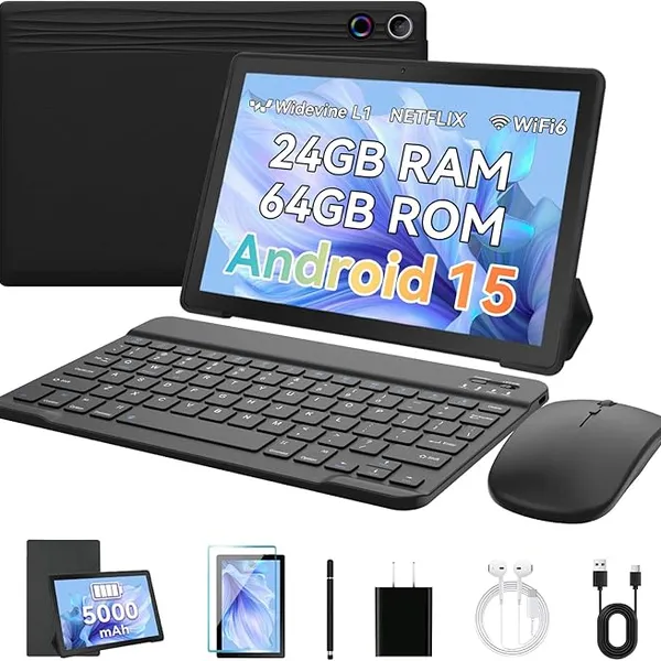 Android 15 Tablet 10.1-Inch, 24GB RAM (4+20), 64GB ROM, WiFi 6, 2-in-1 Productivity Bundle