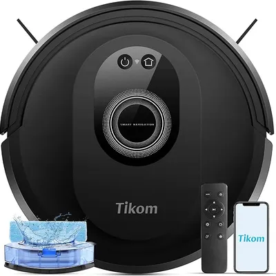 Tikom Robot Vacuum Cleaner with Mop, 5000Pa Robotic Vacuum Cleaner, 150 Min Max, App & Remote Control, Ideal for Hard Floor, Carpet, Pet Hair, Self-Charge(G8000 Max)
