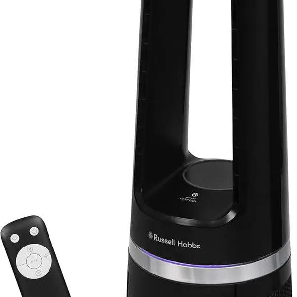 Russell Hobbs, Bladeless Cool and Heat with 12 Speed Settings, Air Purifying, LED Display & Remote Control, 12-Hour Timer and Oscillating Feature in Black, RHBLDL25B