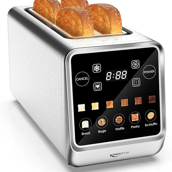 Keenstone Toaster 4 Slice, Digital Smart Toaster with TouchScreen, Memory Function, Single Slot Toasting, Timer, Reheat & Defrost for Bagels, Bread, Waffles, Muffin, Stainless Steel Kitchen Essentials