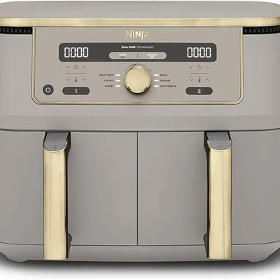 Ninja MAX Dual Zone Digital Air Fryer, 2 Drawers, 9.5L, 6-in-1, Uses No Oil, Air Fry, Max Crisp, Roast, Bake, Reheat, Dehydrate, Non-Stick, Dishwasher Safe Baskets, Stone Gold DZ400UKSTGD