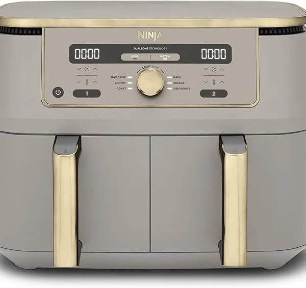 Ninja MAX Dual Zone Digital Air Fryer, 2 Drawers, 9.5L, 6-in-1, Uses No Oil, Air Fry, Max Crisp, Roast, Bake, Reheat, Dehydrate, Non-Stick, Dishwasher Safe Baskets, Stone Gold DZ400UKSTGD