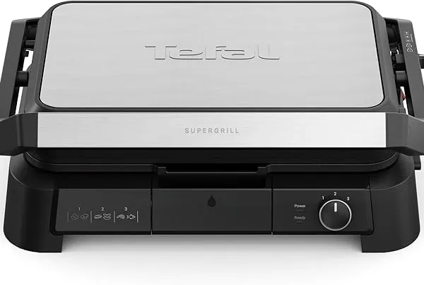 Tefal SuperGrill 3in1 XL, Indoor Grill, BBQ, Oven Style, Panini, Adjustable Temperature, XL Surface, Dishwasher Safe, Non Stick Plates, Stainless Steel, GC520DG1