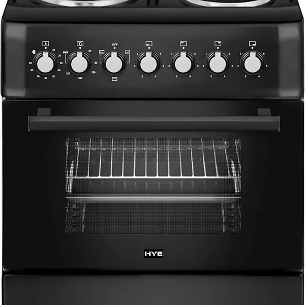 HYE Cooker - Electric Cooker, 4 Hotplates, 62L Electric Oven, Smart Cooking Controls & Programs, 60cm Width, Freestanding Design, Matte Black, Perfect For Family Homes - C01FS60E17